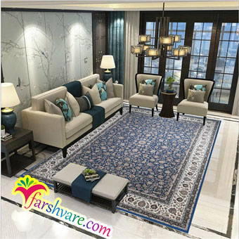 فرش کاشان طرح افشان فرش رنگ آبی کاربنی در دکور خانه