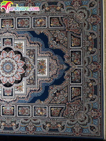 فرش ماشینی کاشان طرح سوشیا با رنگ آبی کاربنی بافته شده