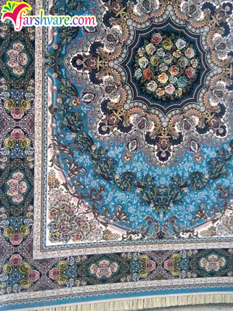 Sample of woven Persian carpet of Ilia design Iranian blue carpet