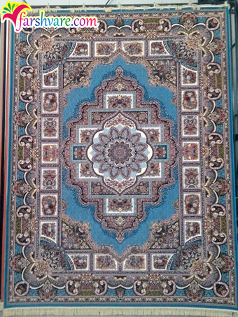 نمونه‌ی بافته شده از فرش کاشان طرح حوض نقره رنگ آبی