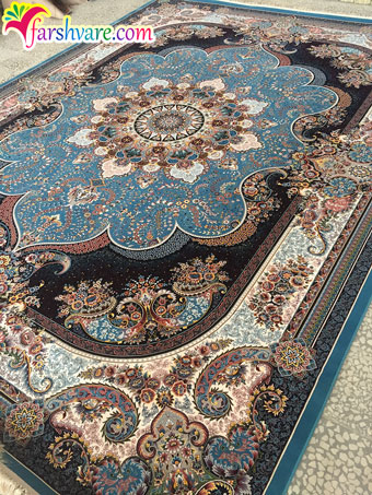 نمونه‌ی بافته شده‌ی فرش کاشان 1000 شانه با رنگ آبی