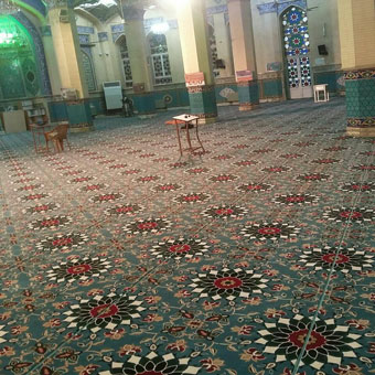 نمونه بافته سجاده فرش تشریفاتی برای مسجد طرح کاشیکاری آبی